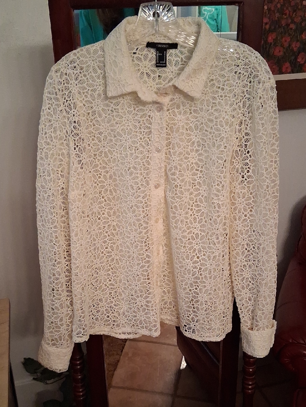 Forever 21 Ivory Crochet Lace Button-Down Shirt
